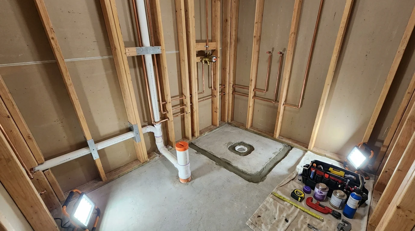 Bathroom rough-in plumbing during remodel by Johns Plumbing LLC in Muscatine