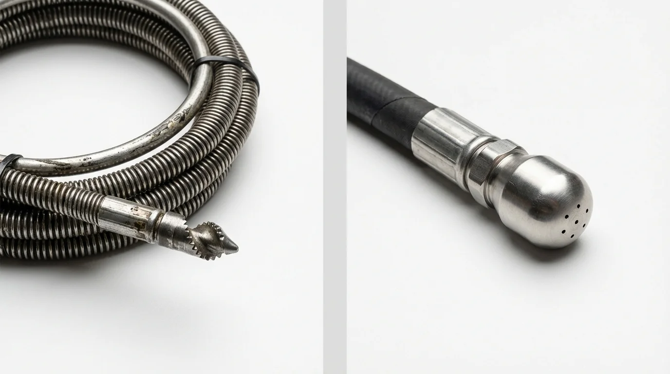 Drain snake cable and hydro jetting nozzle used for drain cleaning in Muscatine, IA