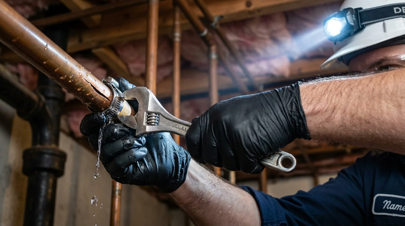 Emergency pipe clamp repair being performed by a Johns Plumbing LLC plumber in Muscatine