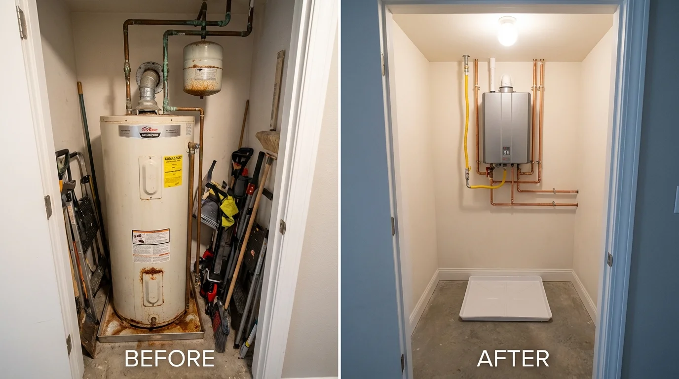 Tank water heater versus wall-mounted tankless unit comparison for Muscatine, IA homeowners