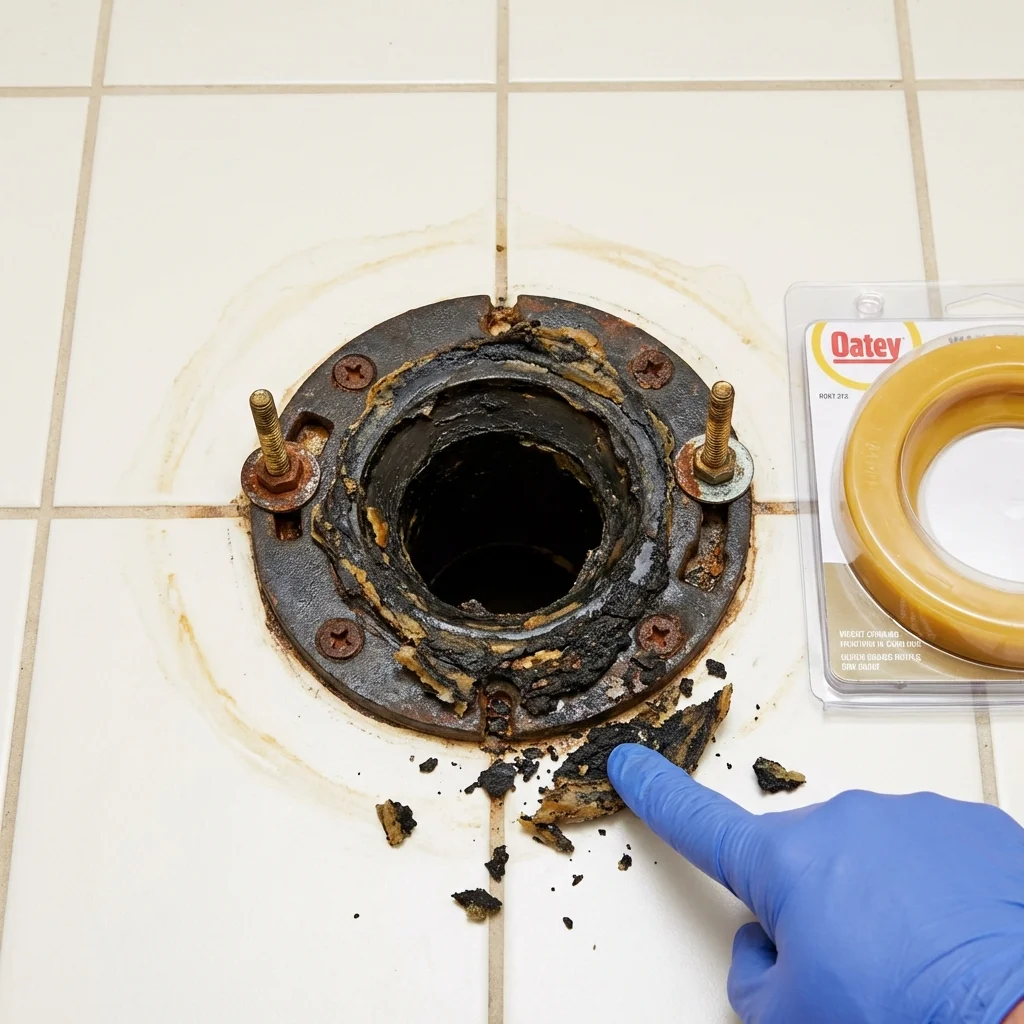 Failed wax ring showing water seepage at the base of a toilet in a Muscatine, IA home
