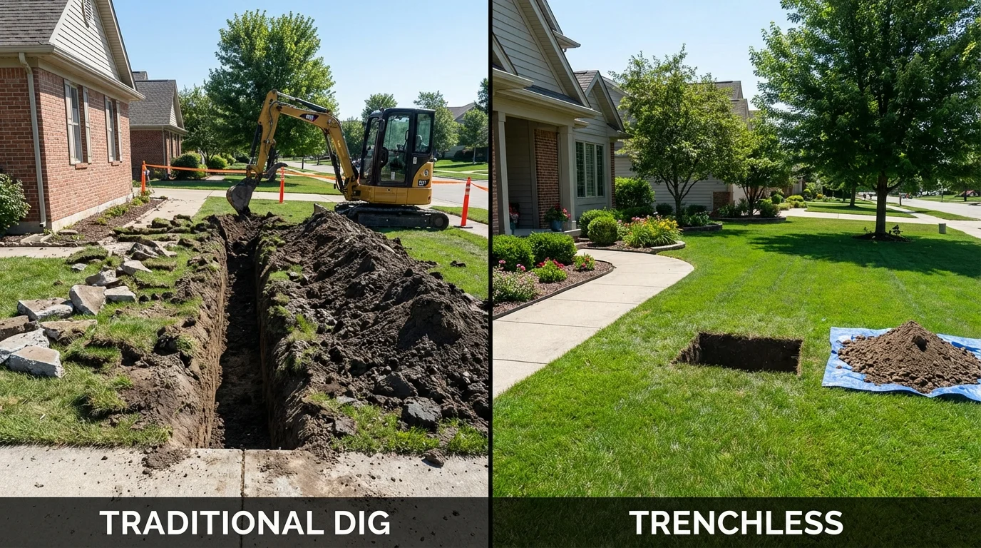 Trenchless sewer repair with minimal yard damage versus traditional excavation in Muscatine, IA