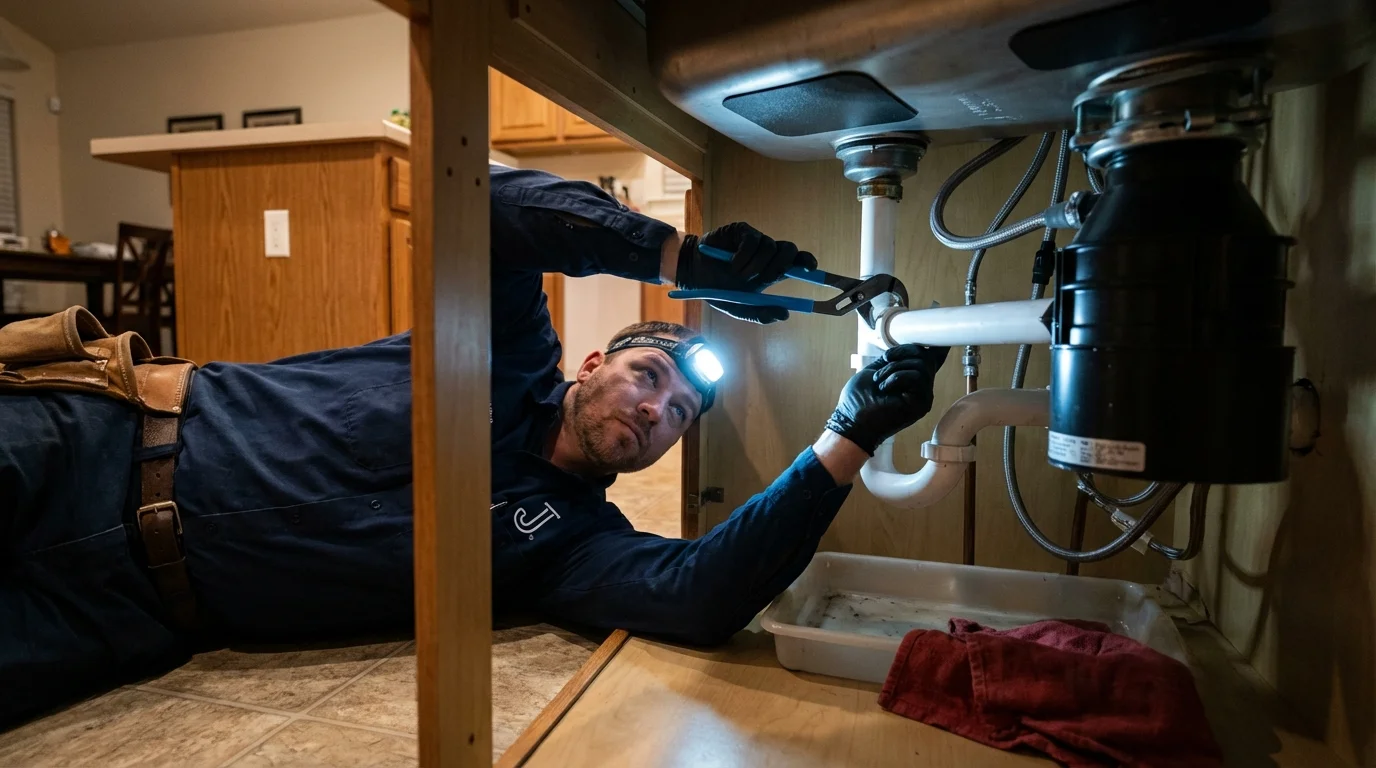 P-trap and supply line connections under a kitchen sink showing a common leak point in Muscatine, IA